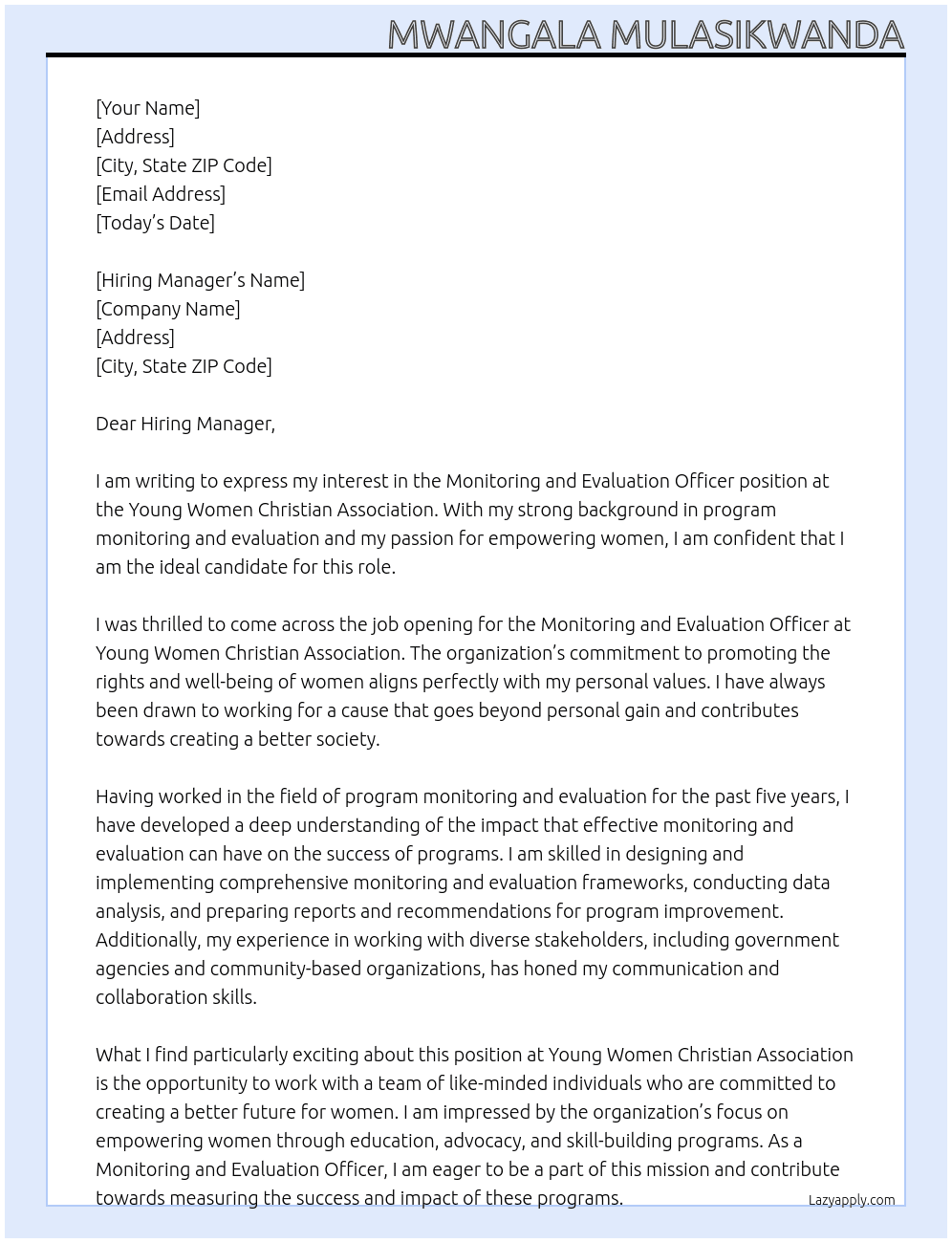 Monitoring and Evaluation officer At Young Women Christian Association Cover Letter