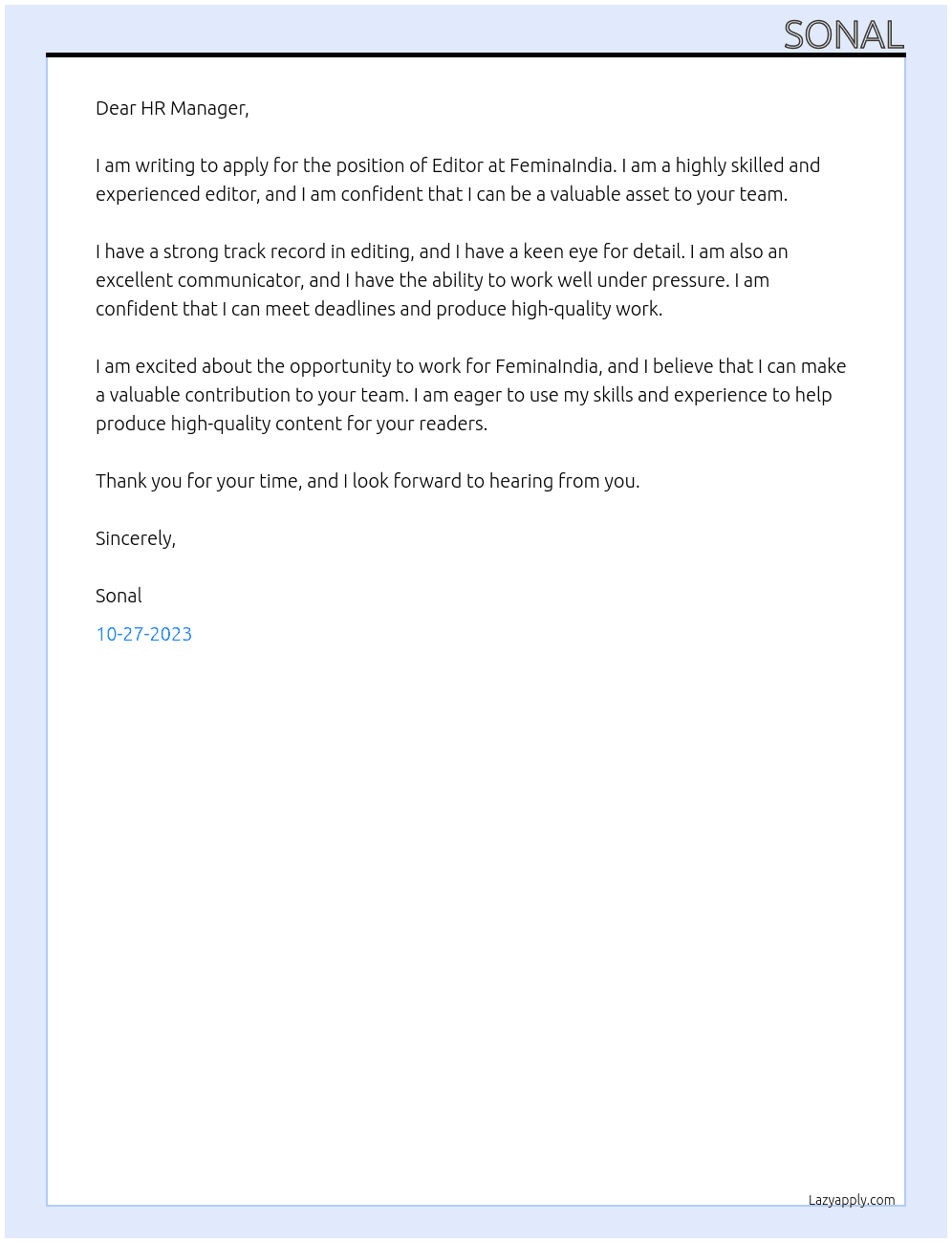 Editor At FeminaIndia Cover Letter