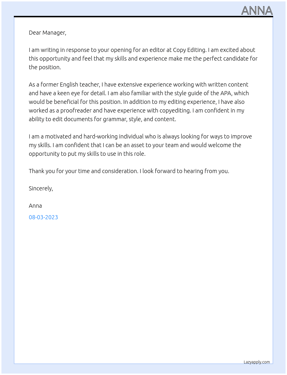 Editor At Copy Editing Cover Letter