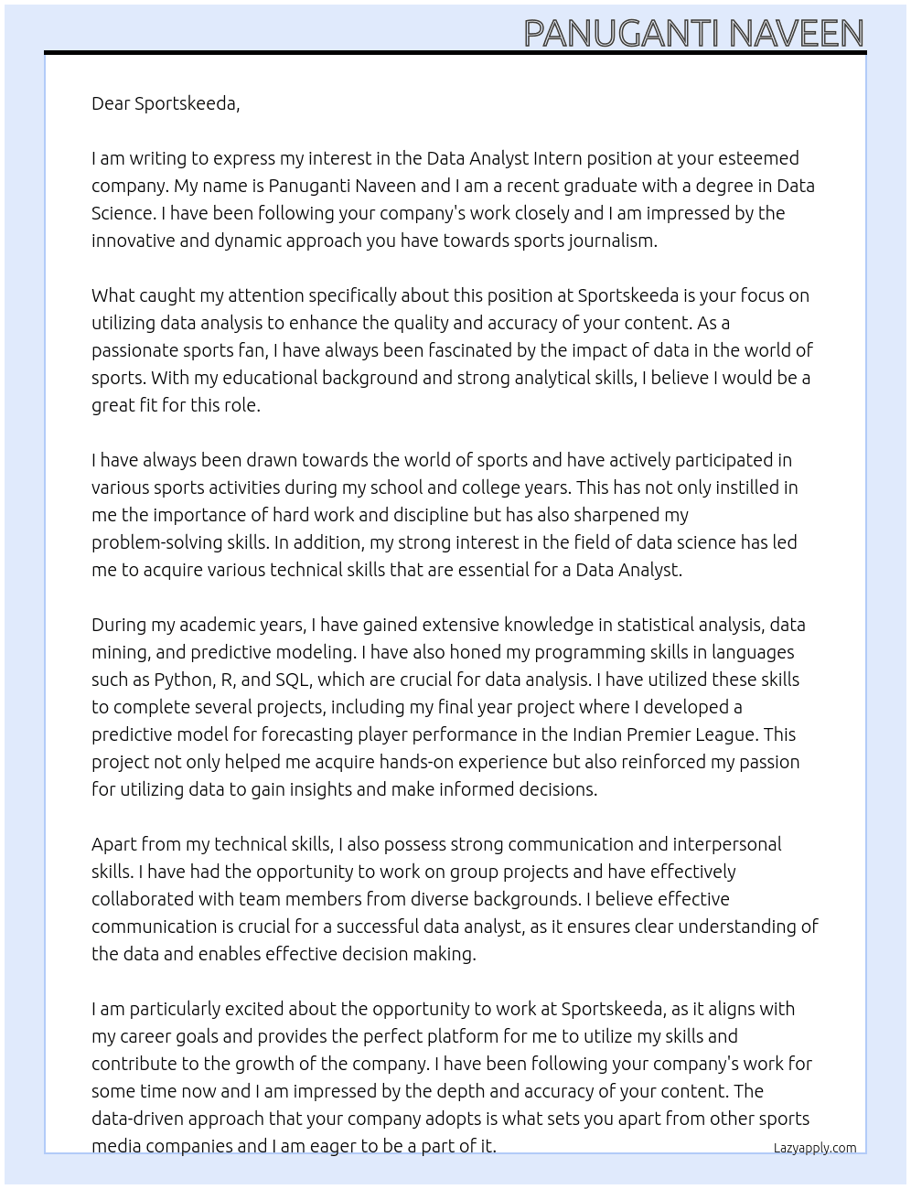 Data analyst intern At Sportskeeda Cover Letter