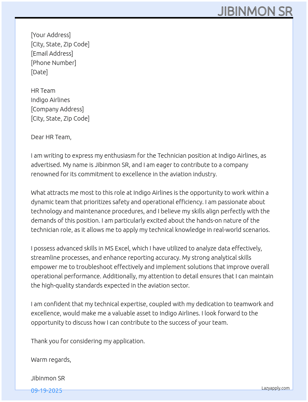 TECHNICIAN At INDIGO AIRLINES Cover Letter
