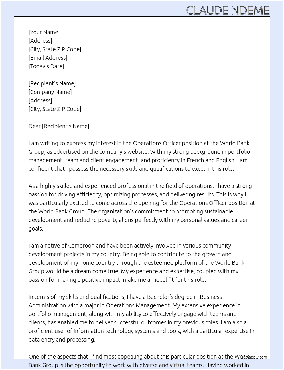 OPERATIONS OFFICER At WORLD BANK GROUP Cover Letter