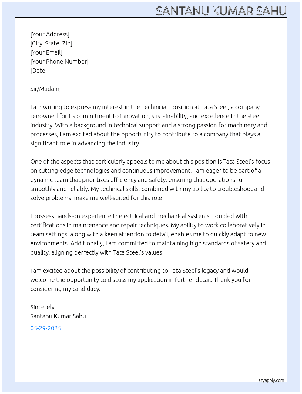 Technician At Tata steel Cover Letter