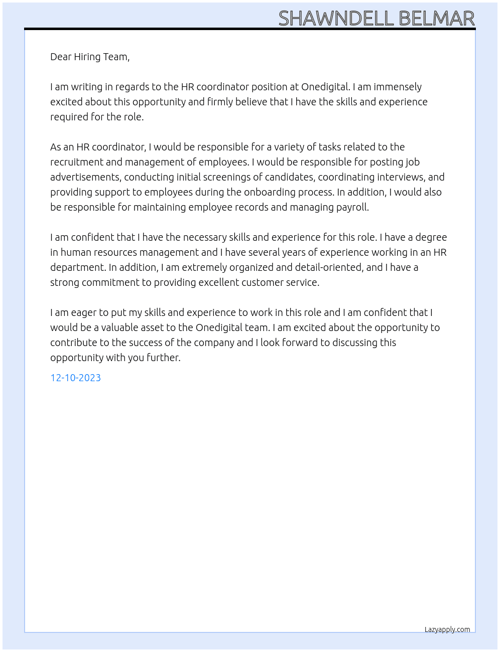 HR coordinator At Onedigital Cover Letter