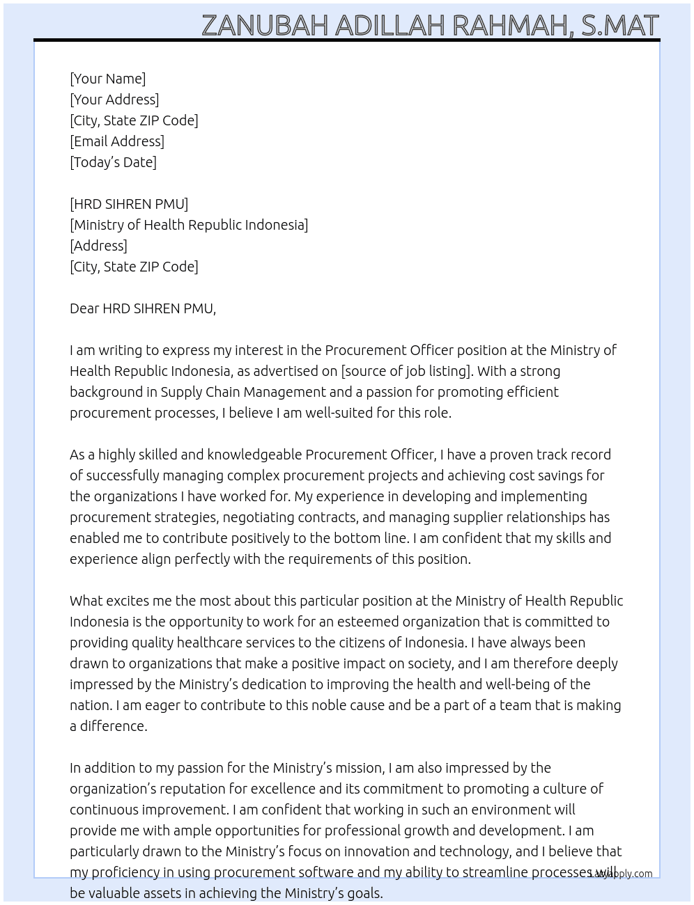 Procurement Officer At Ministry of Health Republic Indonesia Cover Letter