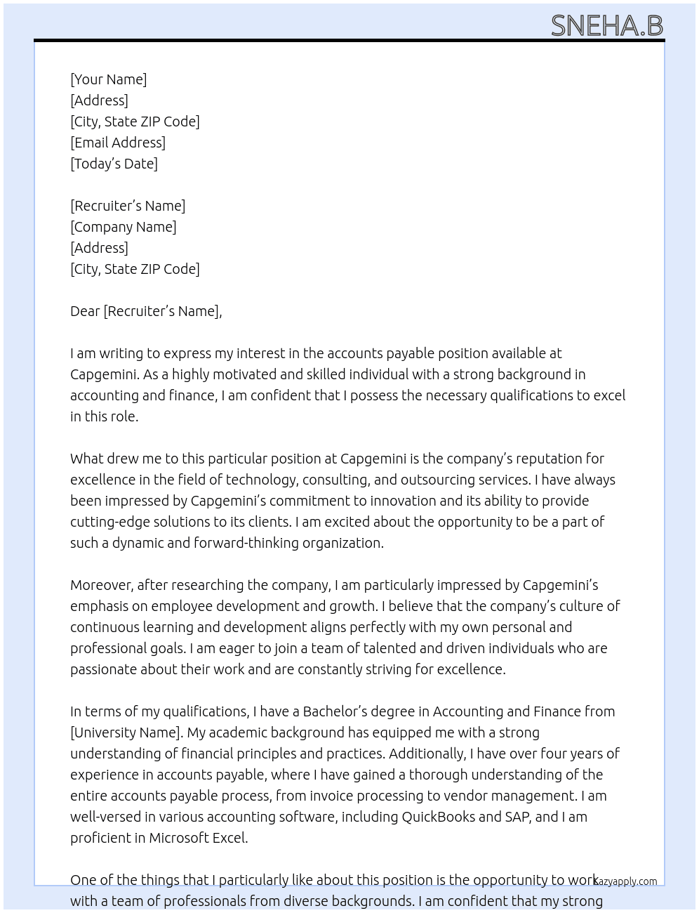 accounts payable At capgemini Cover Letter