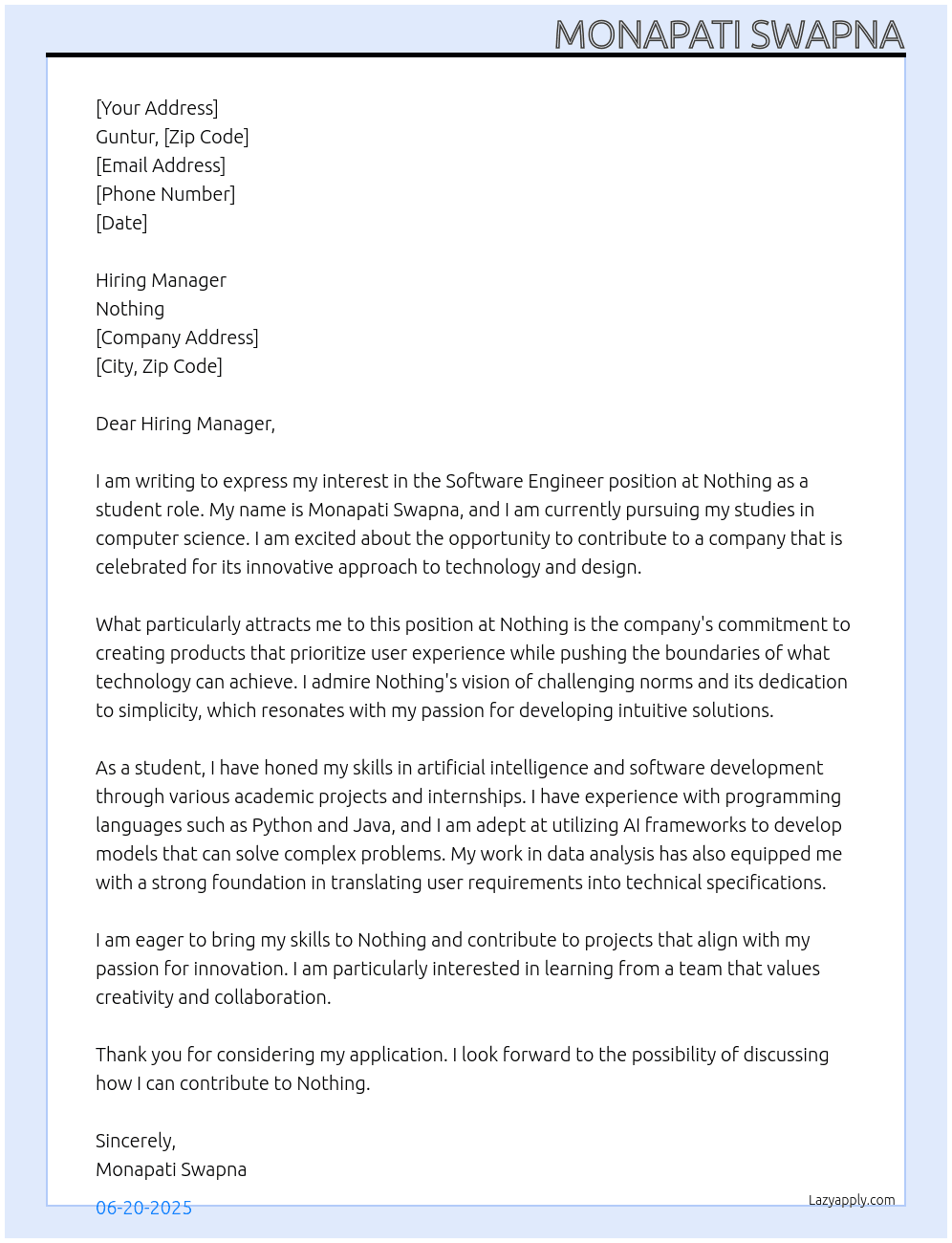 software engineer At nothing Cover Letter