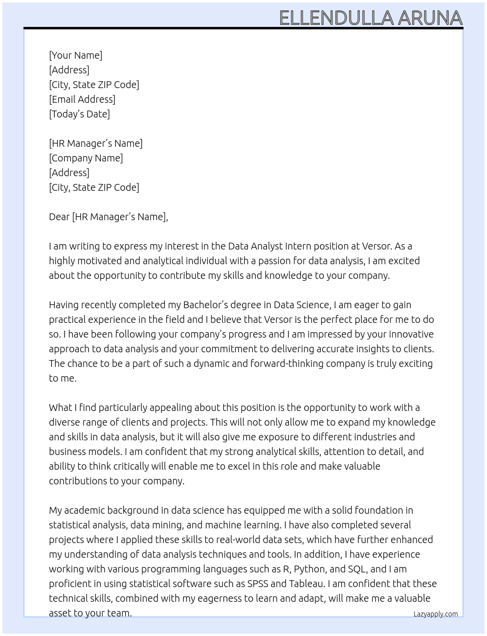 Data analyst intern At Versor Cover Letter
