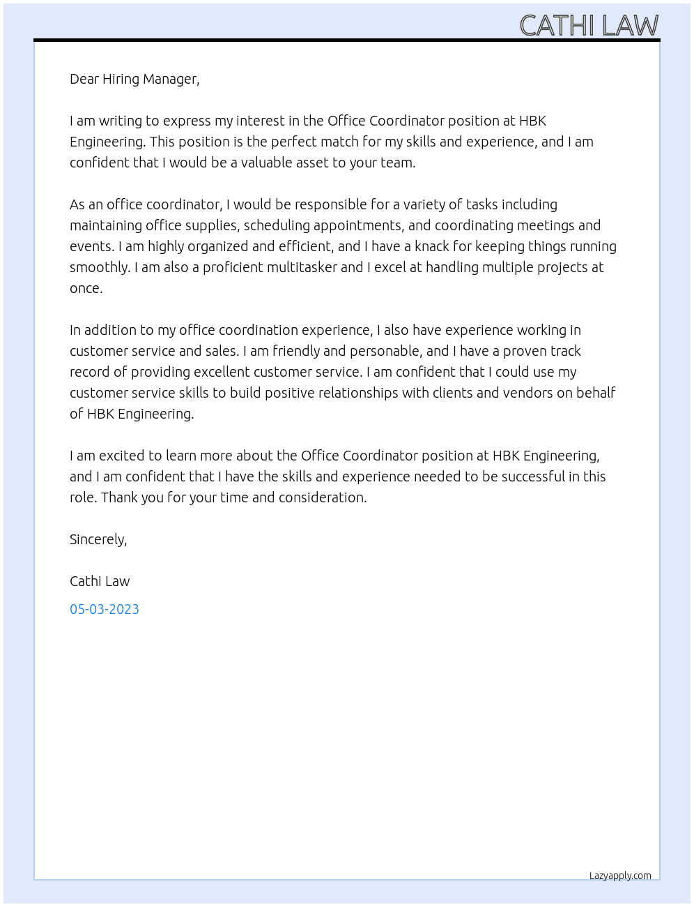 Office Coordinator At HBK Engineering Cover Letter