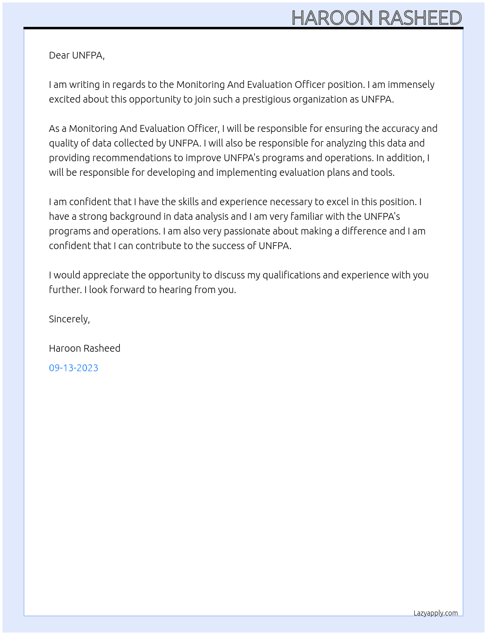 Monitoring And Evaluation Officer At UNFPA Cover Letter