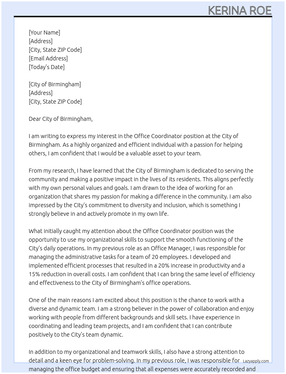 Office Coordinator At City of Birmingham Cover Letter