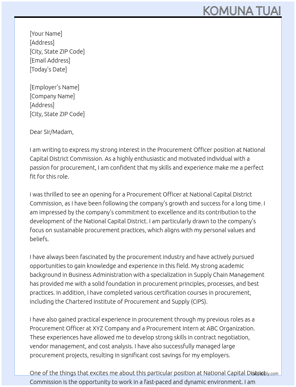 Procurement Officer At National Capital District Commission Cover Letter