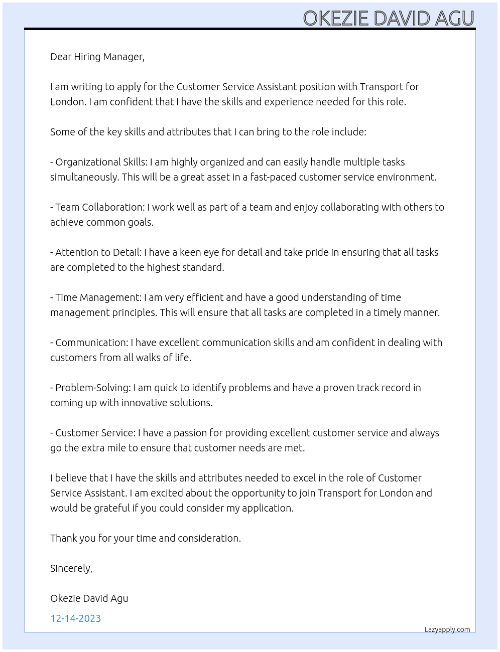Customer Service Assistant At Transport for London Cover Letter
