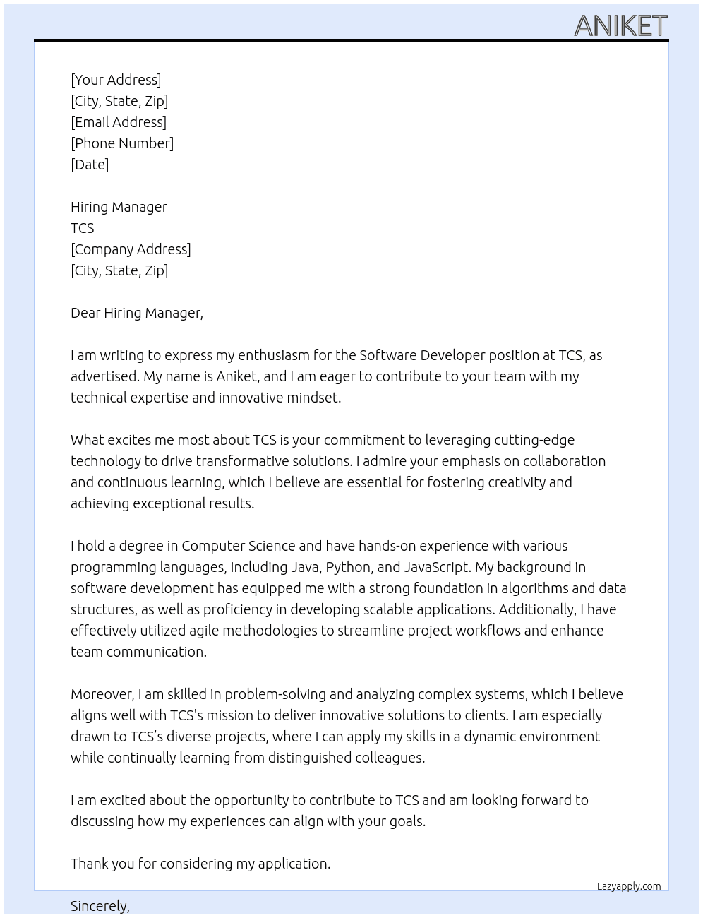Software developer At Tcs Cover Letter