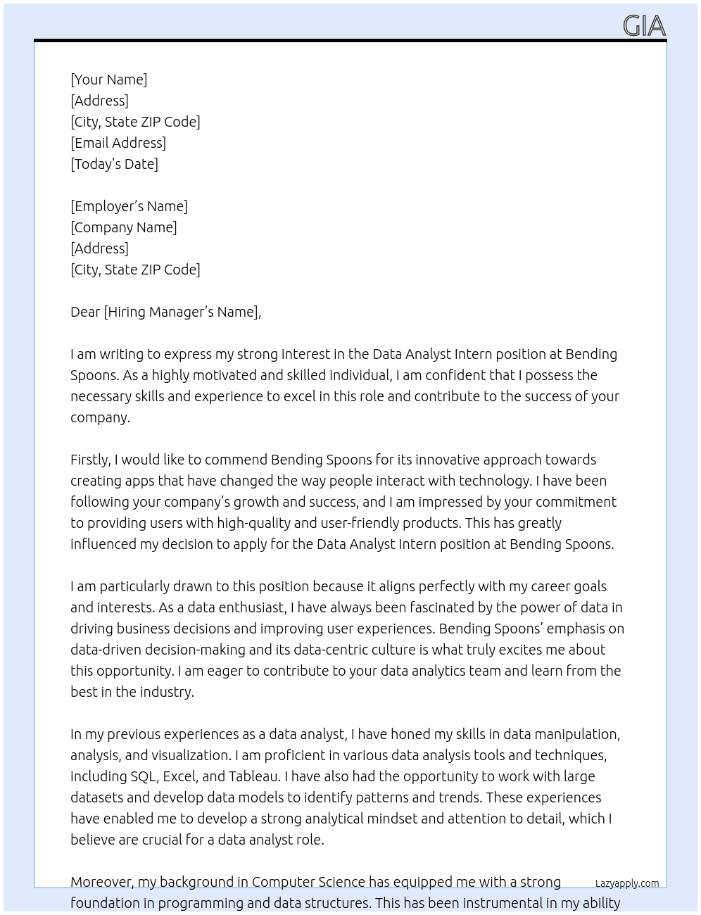 Data Analyst Intern At Bending spoons Cover Letter