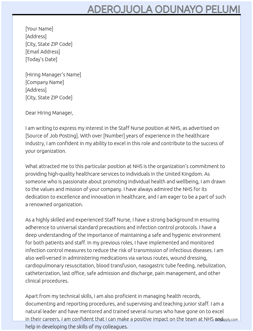 Staff Nurse At NHS Cover Letter