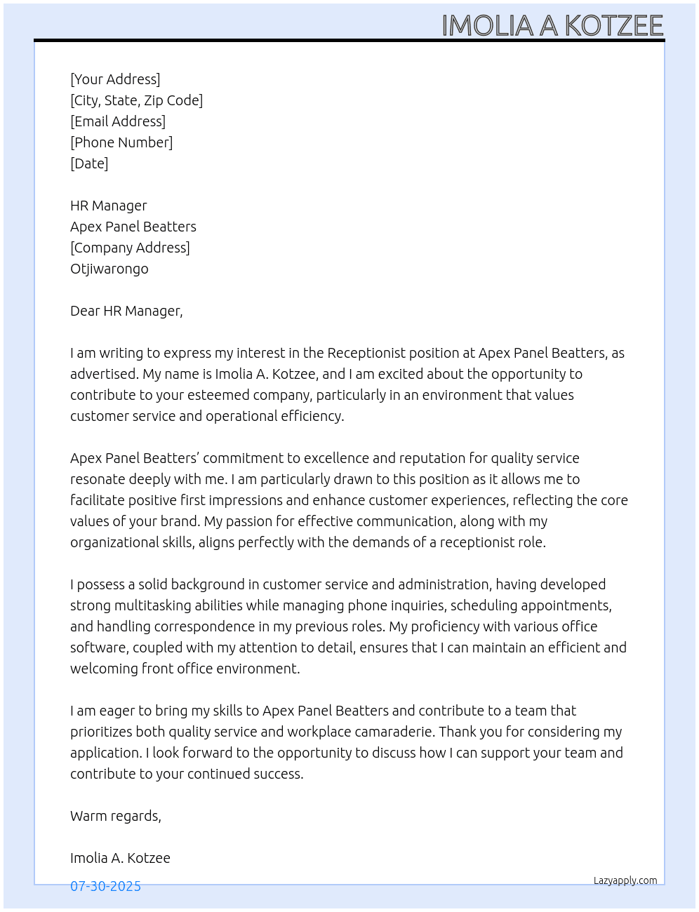 Receptionist At Apex Panel beaters Cover Letter