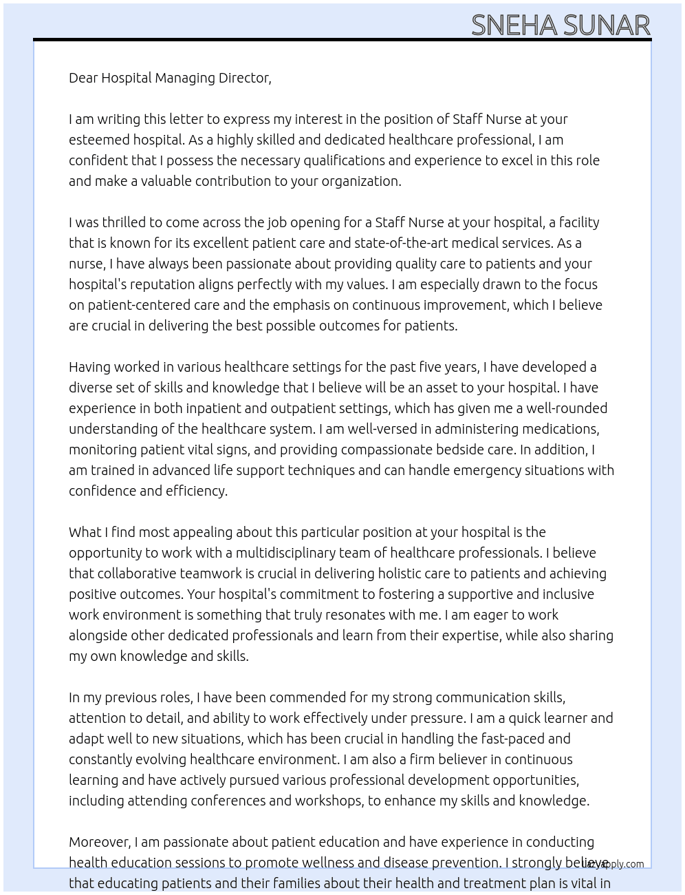 Staff nurse At Hospital Cover Letter