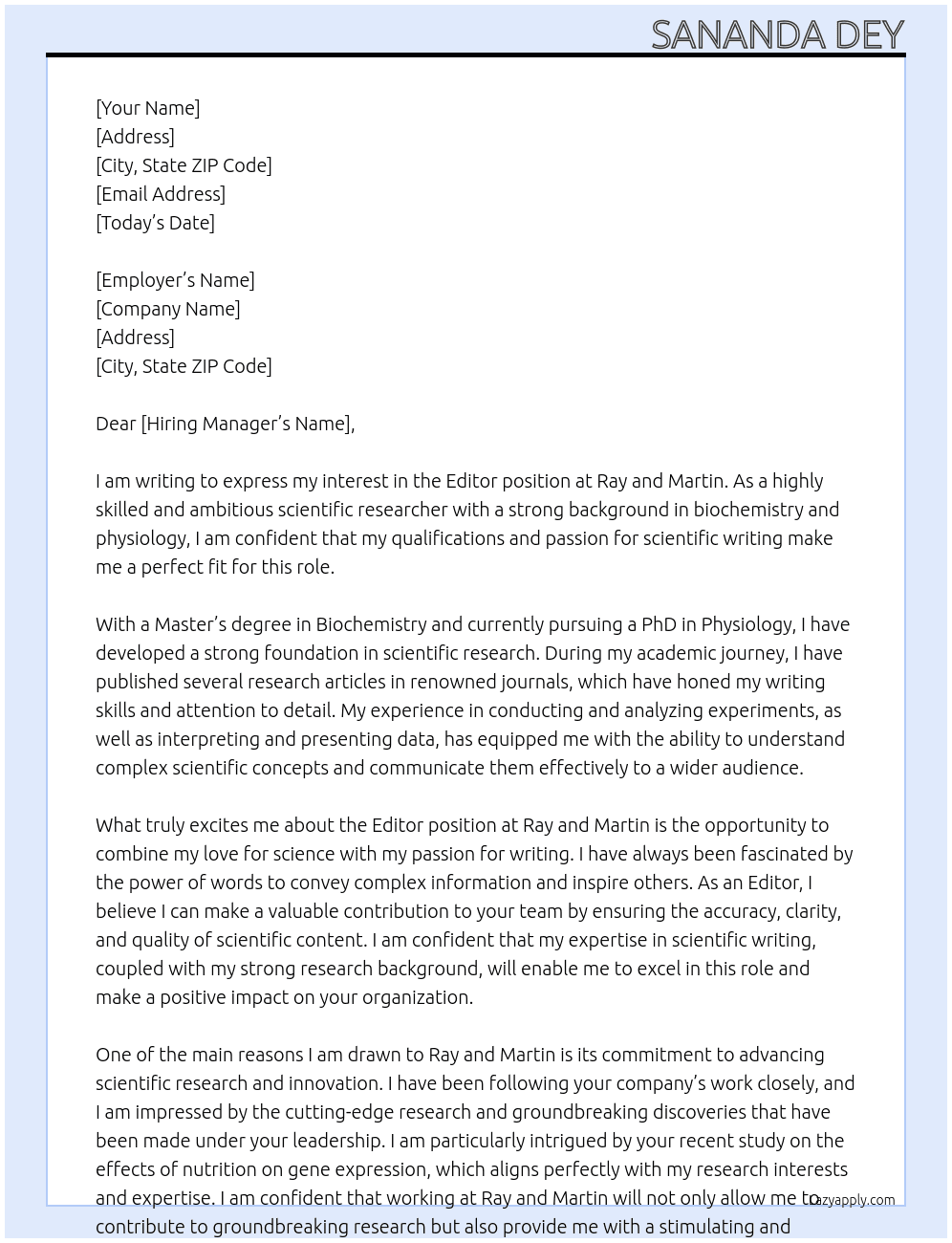 Editor At Ray and Martin Cover Letter