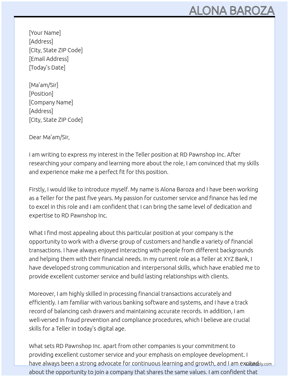 Teller At RD Pawnshop Inc. Cover Letter
