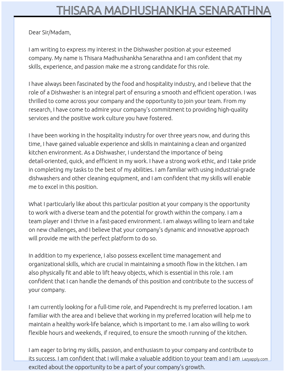 Dishwasher At indefinite Cover Letter