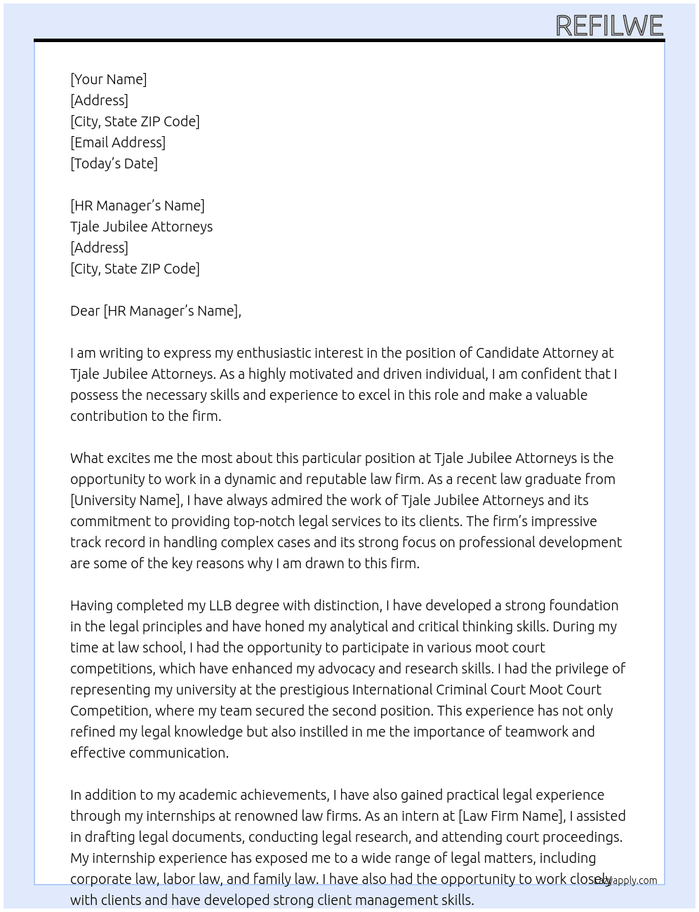 Candidate Attorney At Tjale Jubilee Attorneys Cover Letter