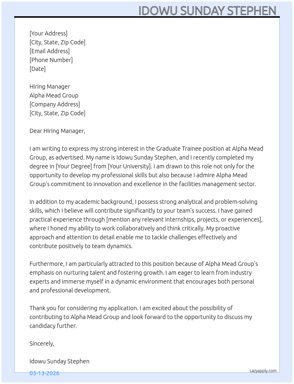 Graduate Trainee At Alpha Mead Group Cover Letter