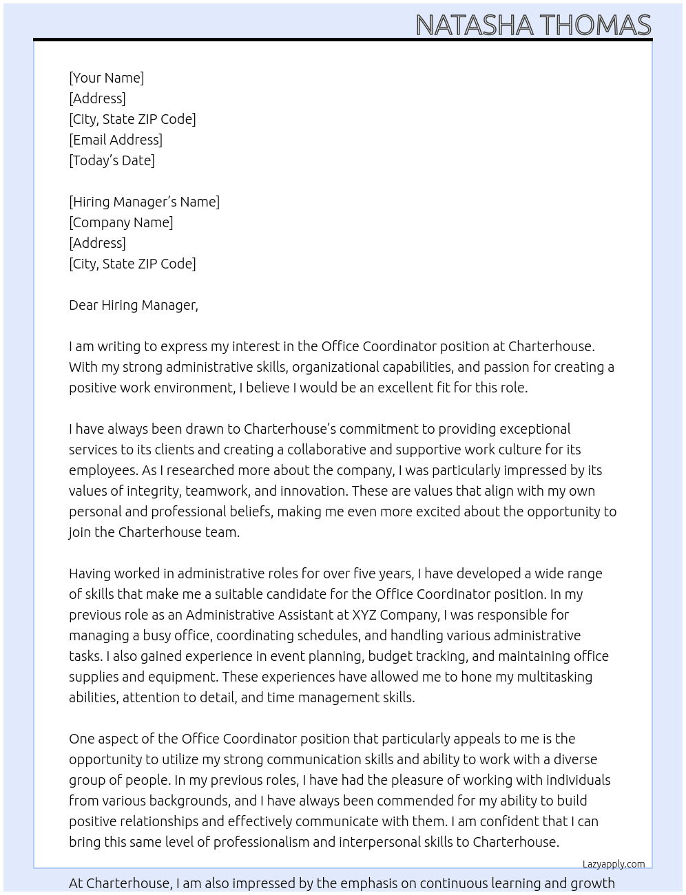 Office Coordinator At Charterhouse Cover Letter