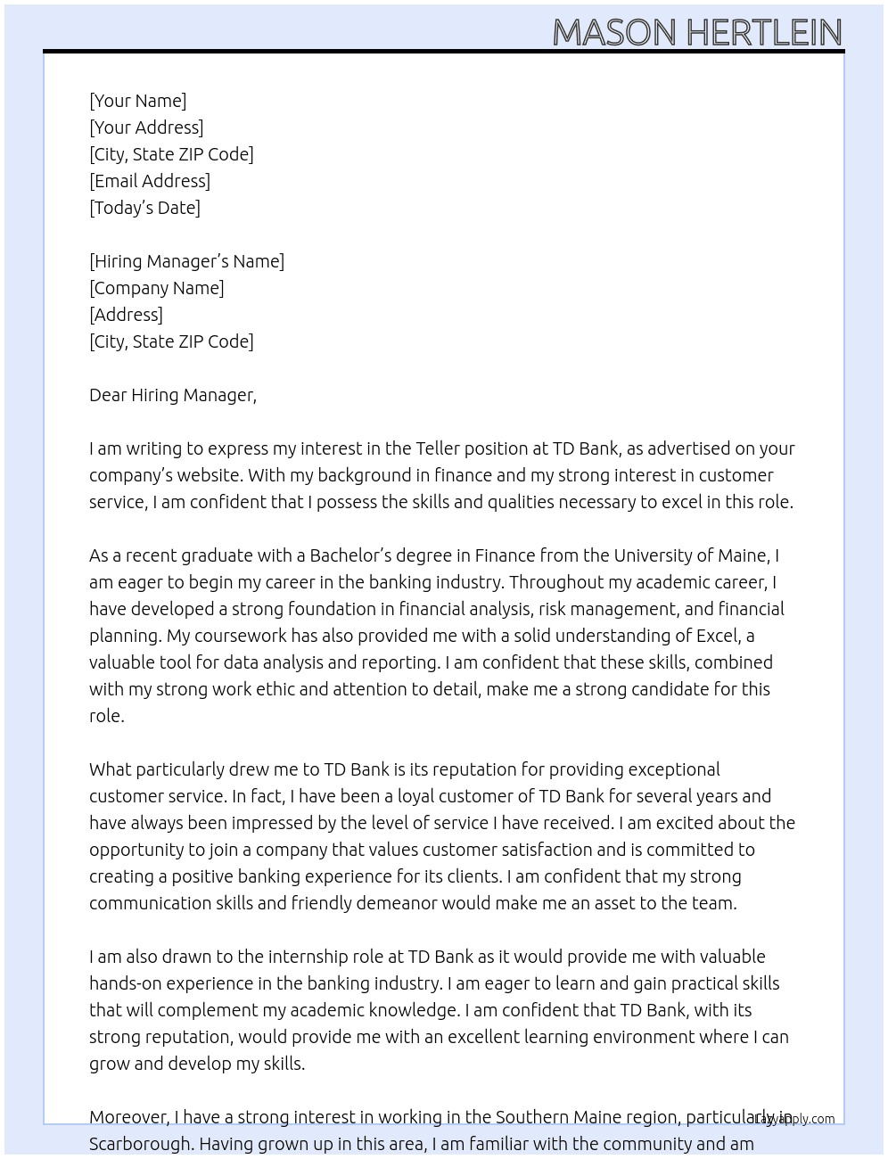 Teller At TD Bank Cover Letter