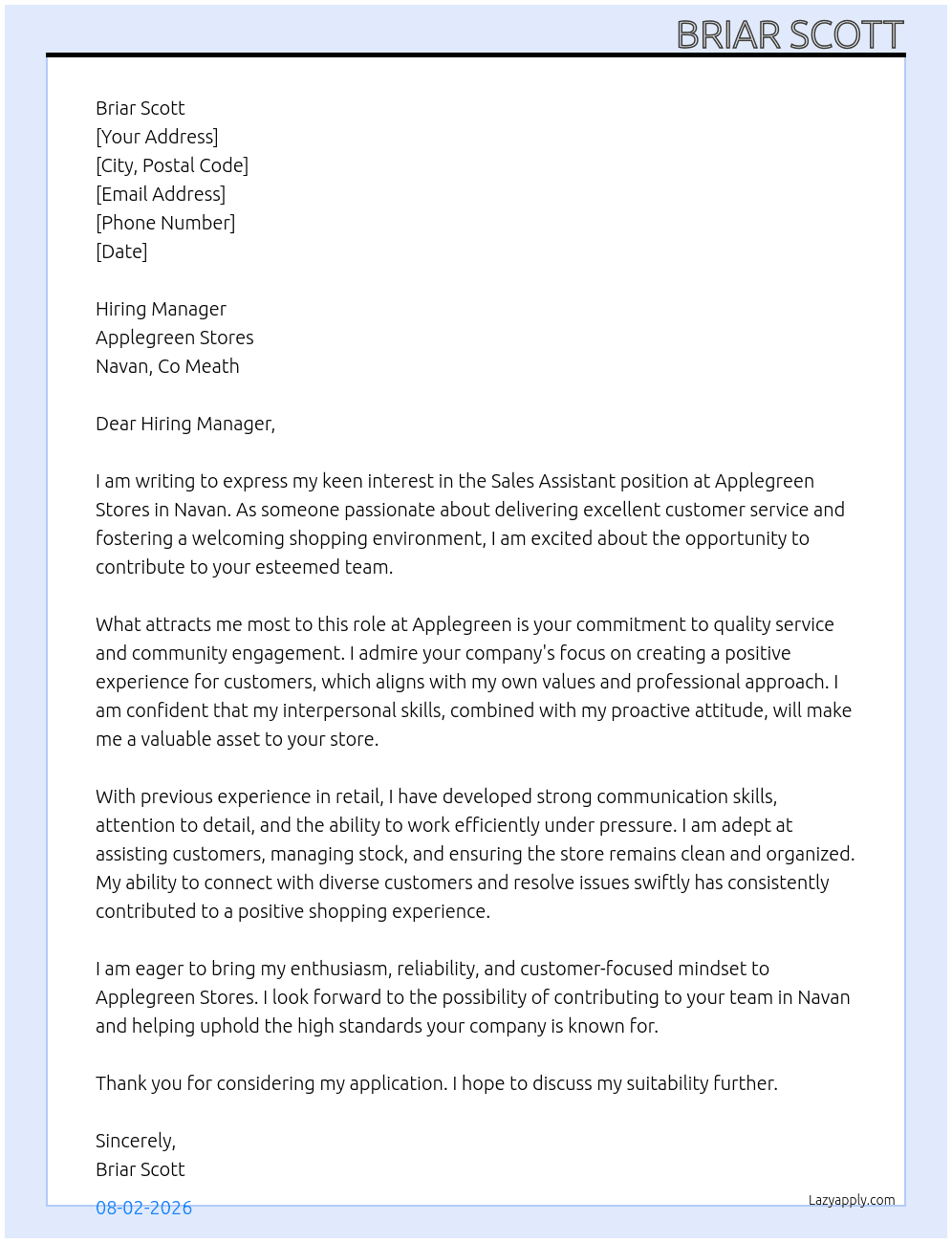 Cover letter for sales assistant - LazyApply