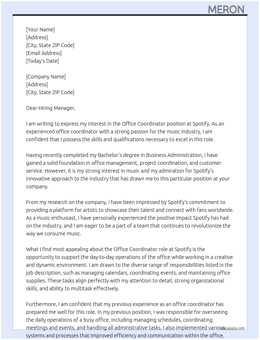 Office coordinator At Spotify Cover Letter