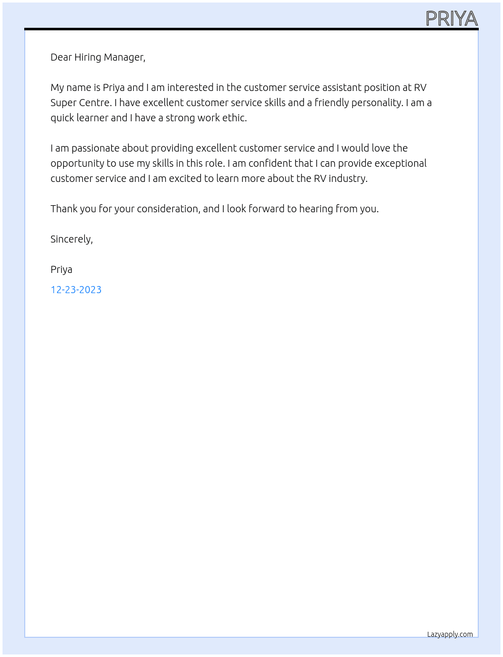 customer service assistant At RV super centre Cover Letter