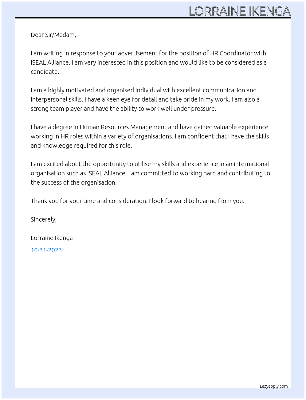HR Coordinator At ISEAL Alliance Cover Letter