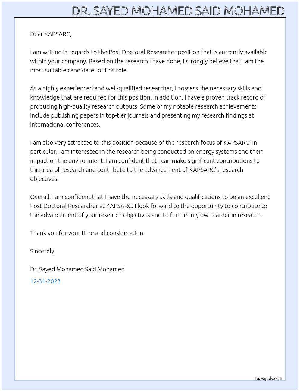 Post Doctoral Researcher At King Abdullah Petroleum Studies and Research Center (KAPSARC) Cover Letter