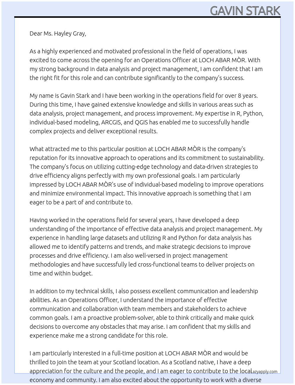 OPERATIONS OFFICER At LOCH ABAR MÒR Cover Letter