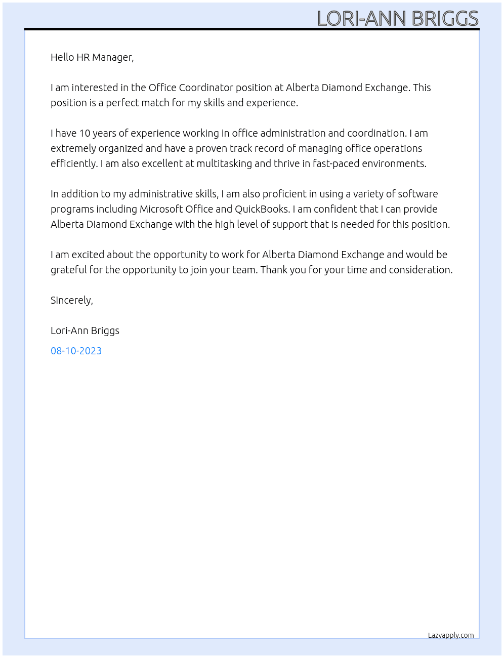 Office Coordinator At Alberta Diamond Exchange Cover Letter