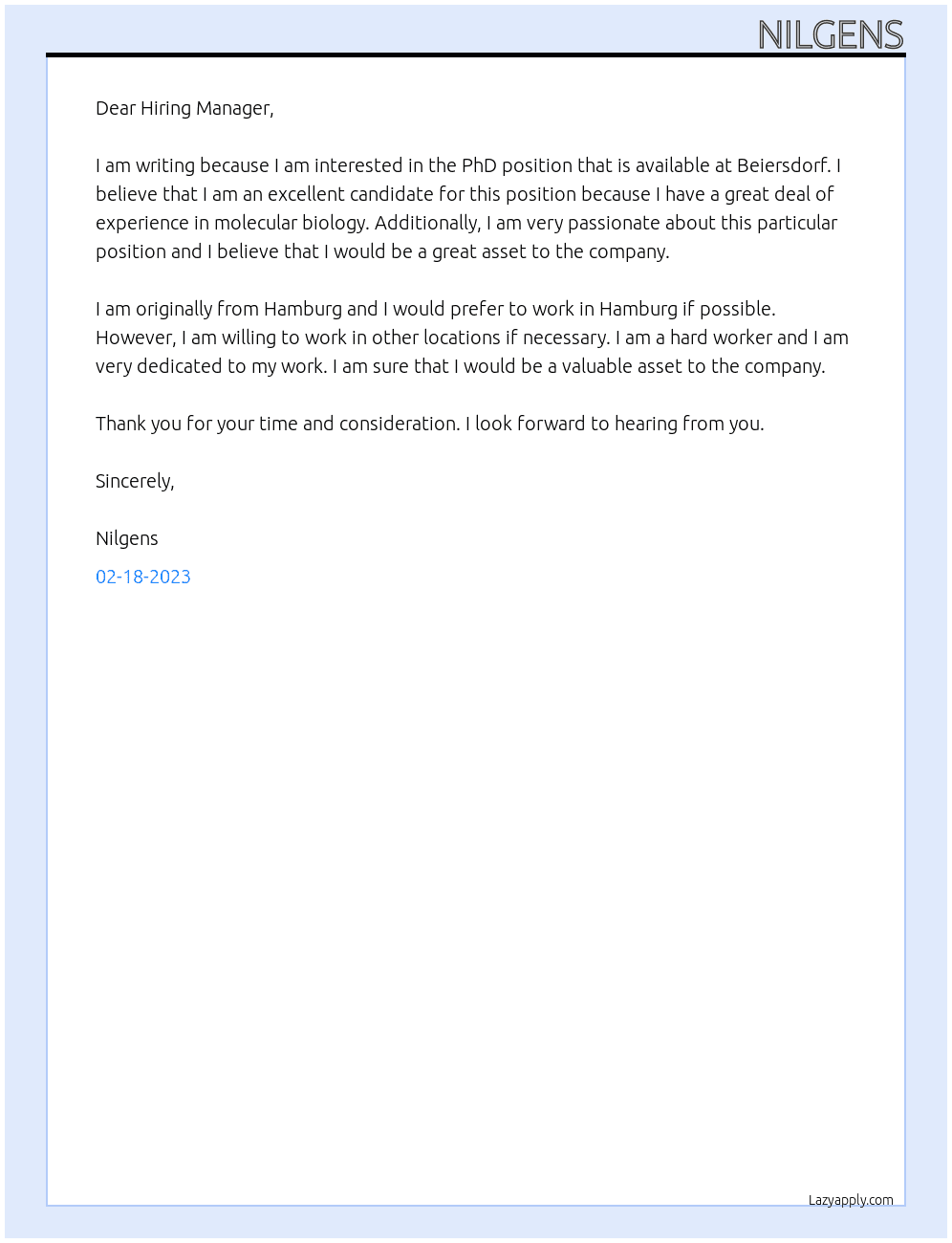 PhD position At Beiersdorf Cover Letter